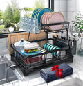 Godboat 2-Tier Dish Drying Rack - Dish Rack with Auto Drain-to-Sink & Mat | Dish Racks for Kitchen Counter, Dish Drainer with Knife Fork & Cup Rack, Gifts for Women, Mothers Day, Kitchen Gadgets, Black