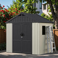 Greesum 8x6FT Plastic Outdoor Storage Shed with Floor, Resin Sheds with Window and Lockable Door, Easy Assembly, HDPE Kick-it Shed for Garden, Lawn, Backyard, Beige
