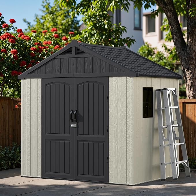 Greesum 8x6FT Plastic Outdoor Storage Shed with Floor, Resin Sheds with Window and Lockable Door, Easy Assembly, HDPE Kick-it Shed for Garden, Lawn, Backyard, Beige