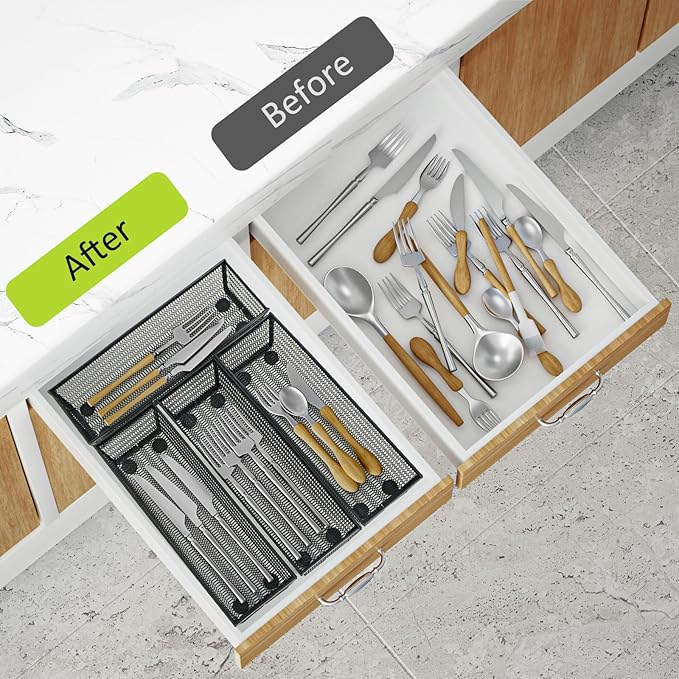 Neudeco Silverware Organizer, Black, 9 x 3 x 2 inch, Pack of 12 | Mesh Drawer Organizer, Metal Construction, For Kitchen Utensils & Flatware, Multi-Purpose Use