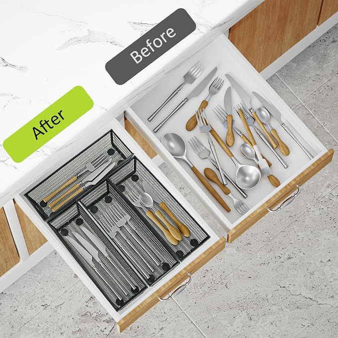 Neudeco Drawer Organizer Set, Black Mesh, 5 Pack | 4-Compartment Silverware Organizer Tray, 4 Utensil Trays, For Flatware, Cutlery, Office Supplies, Non-Slip