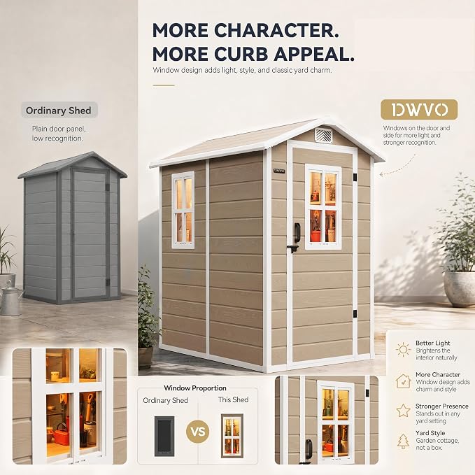 DWVO Outdoor Storage Shed 4.4×6FT, Plastic Garden Shed with 2 Windows | Resin Outdoor Tool Shed with Floor, Door Handle & Lock, Vents for Backyard Patio, Stores Bike Garden Tools, Beige