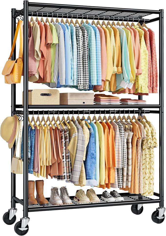 Sakugi Clothes Rack - Double Hanging Rod Clothing Rack with Wheels & Leveling Feet, Large Capacity Wardrobe Closet with Shelves for Bedroom, Laundry Room, Entryway, 45.2" x 12.6" x 80.7", Black