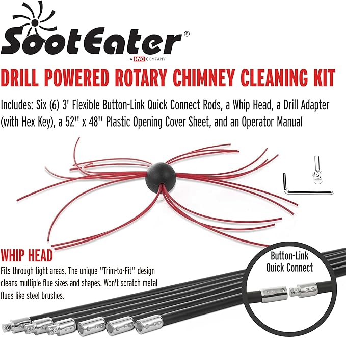 SootEater Rotary Chimney Cleaning System - Gardus RCH205-B Chimney Sweep Kit, Cleans Open Chimneys up to 18' with 6 Flexible 3' Rods, Chimney Cleaning Kit with Trim-to-Fit Spinning Chimney Whip