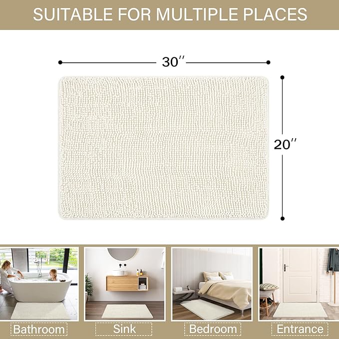 LOCHAS Luxury Bathroom Rug Shaggy Bath Mat 20 x 30 Inch, Cream White | Washable Non Slip Bath Rugs for Bathroom Shower, Soft Plush Chenille Absorbent Carpets