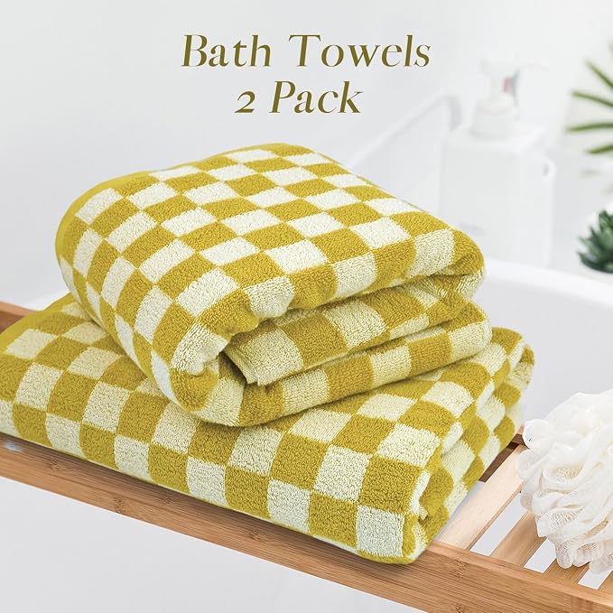 Jacquotha Luxury Bath Towels - Pack of 2, Mustard Yellow Checkered | Cotton Fall Bathroom Towels Sets for Body Drying 55x27.5 Inches