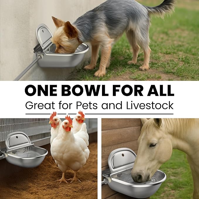 Automatic Animal Drinking Water Bowl with 2 Float Valves-304 Stainless Steel Automatic Water Dispenser for Dogs & Farm Animals, Auto-Refill, Leakproof Drain Hole, Extra Long 100cm Hose