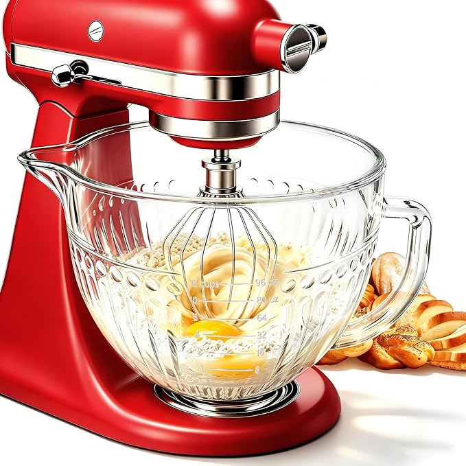 5QT Glass Mixer Bowl for KitchenAid 4.5 and 5 Quart Tilt-Head Stand Mixers | Double-Layer Thickened Mixing Bowl Replacement for Kitchen aid with Measurement Markings Pour Spout & Handle, Dishwasher Safe