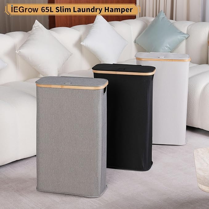 iEGrow 65L Slim Laundry Hamper, Narrow Laundry Basket with Lid,Foldable Clothes Hamper with Bamboo Handles,Hamper Basket with Removable Inner Bag for Laundry Room Bedroom College Dorm,17.17 Gals Grey