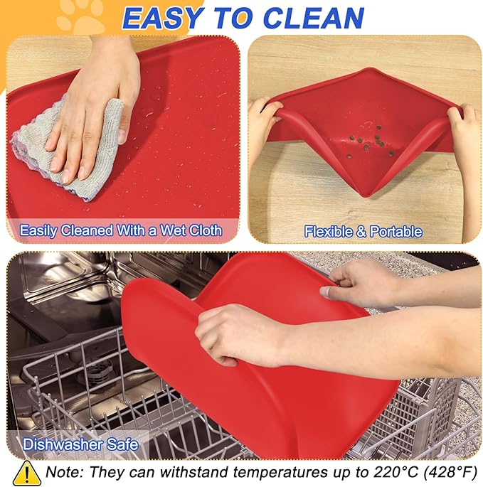 SMILOOL Waterproof Silicone Pet Food Mat with Raised Edge for Dog & Cat | 19" x 12" Non-Slip Pet Feeding Mats with Lip for Food & Water Bowl, Food Grade, Easy Cleaning, Red