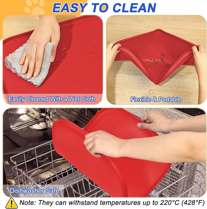 SMILOOL Waterproof Silicone Pet Food Mat with Raised Edge for Dog & Cat | 22" x 14" Non-Slip Pet Feeding Mats with Lip for Food & Water Bowl, Food Grade, Easy Cleaning, Red
