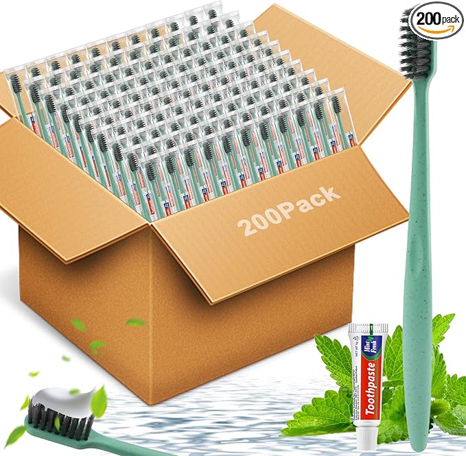 HOFASON Disposable Toothbrushes with Toothpaste 200 Pack, Travel Bulk Toothbrush Toothpaste Set, Individually Wrapped Travel Size Tooth Brush Paste Kit for Homeless Shelter Donation Church Hotel