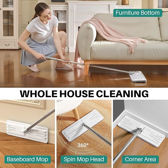 JOYMOOP Flat Mop and Bucket System, Microfiber Mop for Floor Cleaning, White, Suitable for Hardwood, Tile, Laminate and Vinyl Floors, 50" Mop with 1 Microfiber Pad