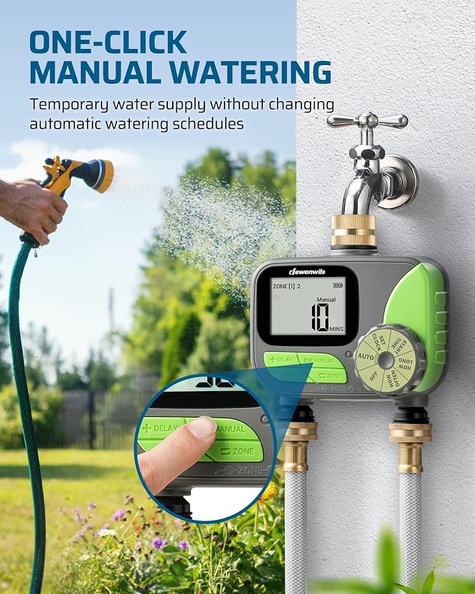 DEWENWILS 2-Zone Outdoor Hose Timer - Automatic Sprinkler Timer with Brass Inlet, Rain Delay & Manual Control for Lawn, Garden, and Yard Irrigation
