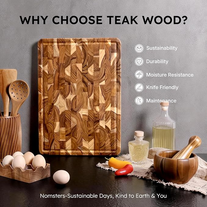 Teak Wood End Grain Cutting Board for Kitchen with Non-slip Feet, Heavy Duty Checkered Cutting Board Upgraded Chopping Board with Juice Groove & Handle Large Wooden Butcher Block with Gift Box
