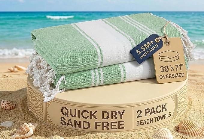LANE LINEN Turkish Beach Towels, Super Absorbent, Travel Towel - Jade Green | 2 Pack Extra Large Beach Towel - Pre-Washed for Soft Feel - 39"x71", Vacation Essential - Machine Washable, Travel & Camping