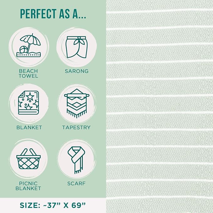 Sand Cloud Turkish Beach Towel - Sand Resistant & Quick Dry Towel | 100% Certified Organic Turkish Towel - Bath Towel or Beach Blanket for Picnic - As Seen on Shark Tank - Gocek (Sage Green)