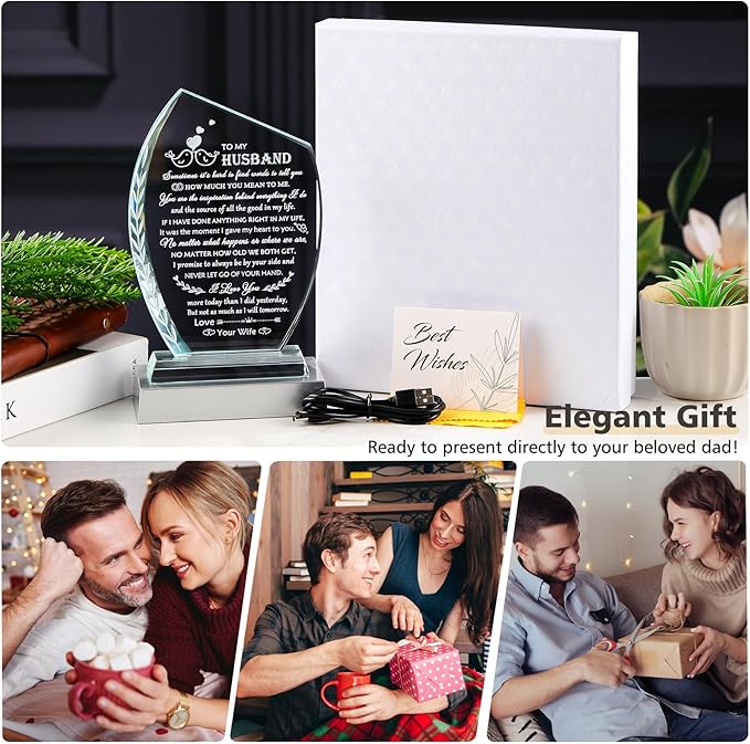 Best Birthday Gifts for Husband from Wife Unique Glass Plaque, Wedding Anniversary Meaningful Present To My Husband with Colorful Led Base for Christmas Valentines Fathers Day