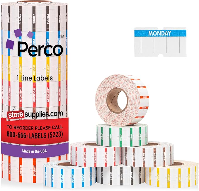 Perco 1 Line Day of The Week Labels - 7,000 Blank Dating Labels for Perco Lite, X, Plus and Pro 1 Line Date Guns - 7 Rolls (Full Week), 1 Sleeve - Made in USA