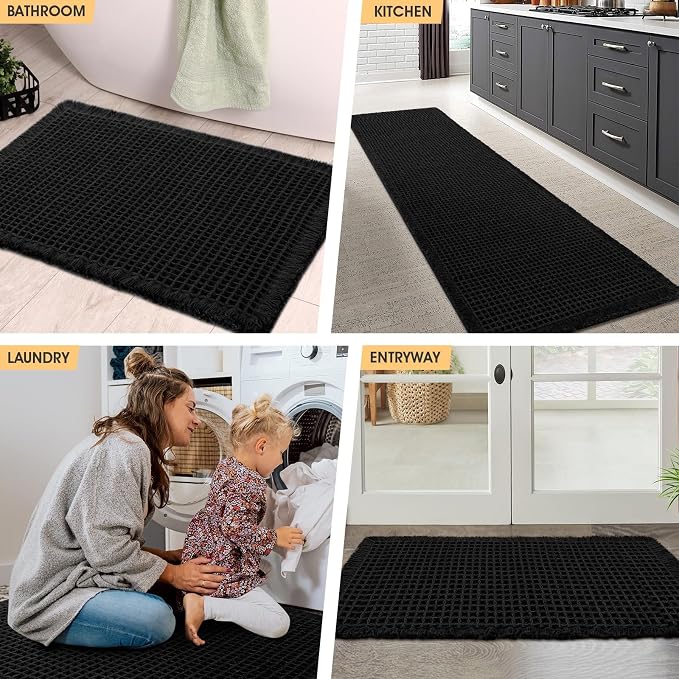 IM HOME Waffle Bath Mat Black 36"x24", Boho Woven Modern Bath Mat Rugs, Absorbent Non Slip Bathroom Rugs, Soft Washable Bath Rugs with Tassels for Bathroom, Bedroom, Kitchen, Shower, Tub