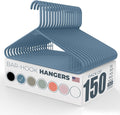 Plastic Hangers 100+ Pack (150 Count) – Made in the USA – 6lb Capacity Standard Clothes Hangers with Strap Hooks for Dresses, Lingerie, Shirts, Pants, and Jackets – Blue