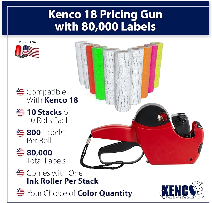 Kenco 18 1 Line Price Gun Kit - Choose Label Quantities and Colors - Includes Ink Rollers- 8 Digit Labeler for Pricing, Dating, and Coding