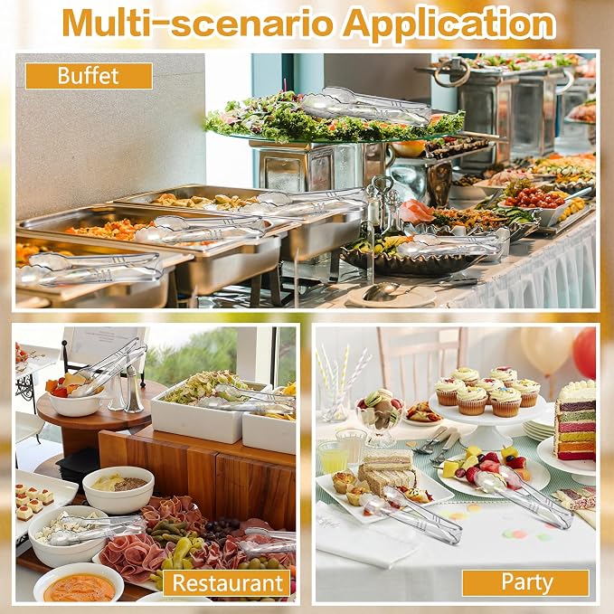 Mwellewm 24 Pc Plastic Tongs for Serving 9 Inch Bulk Reusable or Disposable Tongs Heavy Duty Hard Serving Utensils Set Large Salad Tong for Kitchen Party Food Buffet Appetizer BBQ Event Catering Clear