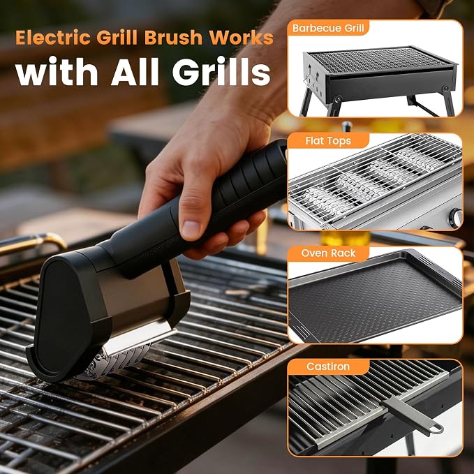 Electric Grill Brush BBQ Grill Cleaning Brush 450 RPM Stainless Steel Removable Head Type-C Rechargeable with LED Light Grill Cleaner Brush