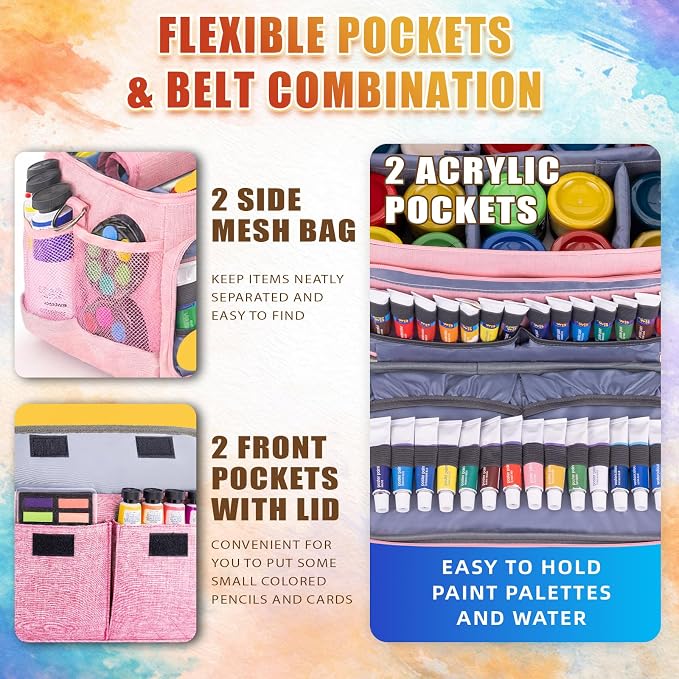 JJRING Versatile Acrylic Paint Organizer Bag With Adjustable Dividers For Multi-Size Bottles, Art Supply Storage Case Features 12-Slot Brush Holder & Clear Zipper Pocket, Travel Craft Tote(Pink)