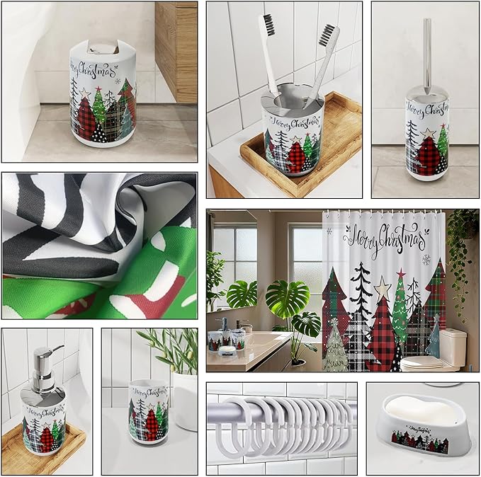 Clara Clark Bathroom Accessories Set - Christmas Bathroom Set with Adhesive Corner Shower Caddy Hanging, 24PC Bathroom Accessory Set, Christmas Shower Curtain Set with Toilet Brush and Trash Can