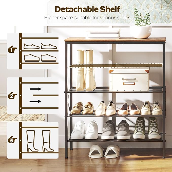 YATINEY 5-Tier Shoe Rack, Shoe Storage for Entryway and Closet, Free Standing Shoe Organizer with Metal Mesh Shelves, 16-20 Pairs of Shoes, Rustic Brown and Black SS05BR