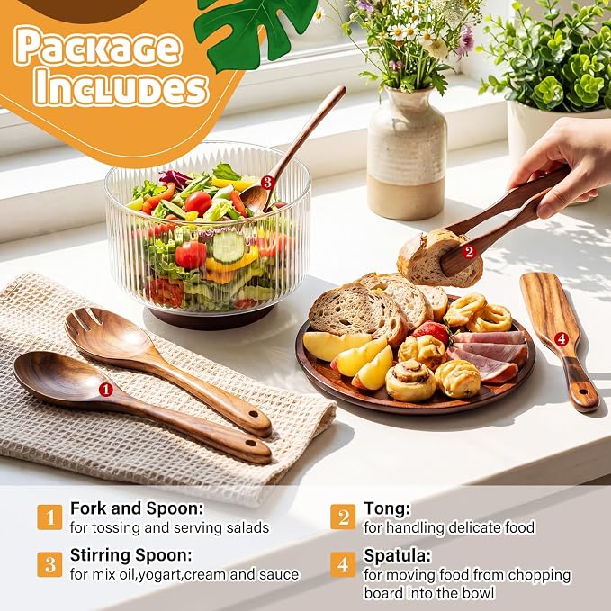 Large Glass Salad Bowl Set, Ribbed Salad Bowl with Wood Base and Lid As Cheese Charcuterie Board and Plate, Comes with 5 Pieces of Wood Serving Utensils for Kitchen Party(7.9" X 5.5")