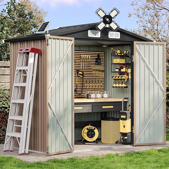 Aoxun 6'x4' Outdoor Storage Shed with Solar Motion Sensor Light, Browm | Metal Garden Tool Shed with Remote Control, 3 Lighting Moders and 4 Sensing Moders | Lockable Doors & Slooping Roof