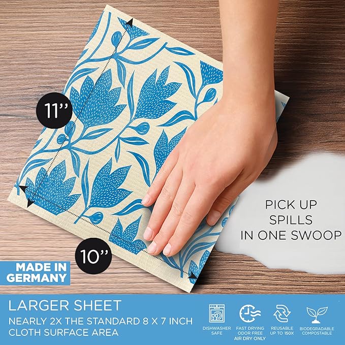 LOLA Swedish Dishcloths XL on a Roll, 30 Sheets, Floral Pattern, Perforated Tear-Off 11" x 10" Sheets w/Hook, Reusable Absorbent Unpaper Towels Cellulose Sponge Cloth Biodegradable Made in Germany
