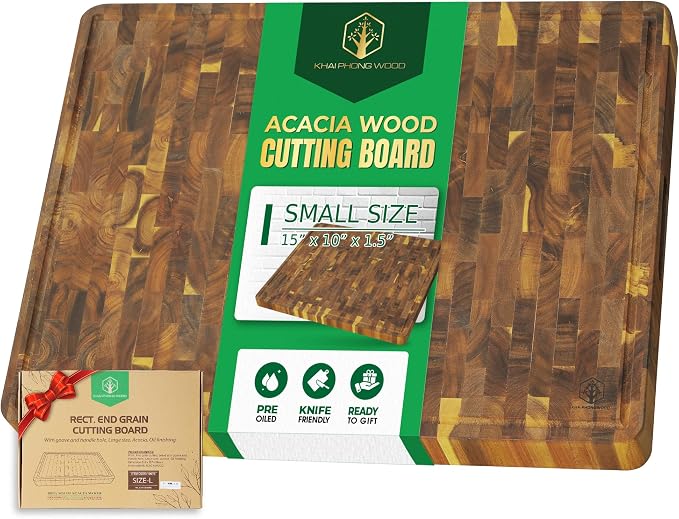End Grain Acacia Wood Cutting Boards for Kitchen, 1.5 in Thick Butcher Block Construction for Stability, 15 x 10 in Medium Cutting Boards with Gift Box, Juice Groove and Handle