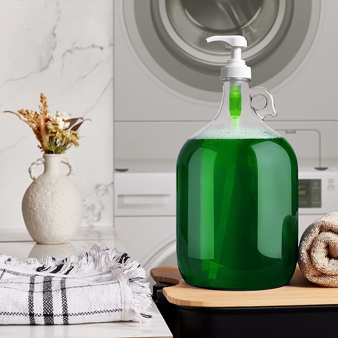 kitchentoolz Gallon Glass Pump Dispenser Bottle, Large Jug Laundry Liquid Detergent Dispenser with Pump for Laundry Room Organization, Soap, Fabric Softener, Commercial Condiment Dispenser- 128 oz