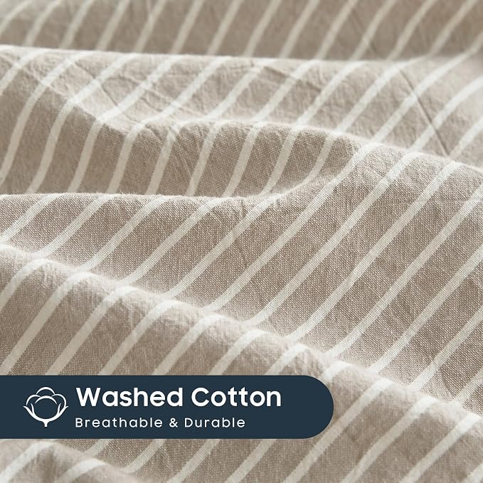 Wake In Cloud - Striped Cotton Duvet Cover Set, 100% Washed Cotton Textured Bedding Set, Ticking Stripe Pinstripe Farmhouse, 3 Pieces, Tan, Full Size