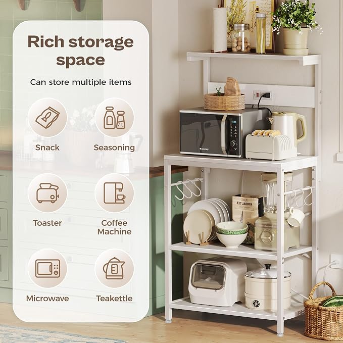 SUPERJARE Kitchen Bakers Rack with Power Outlet, Coffee Bar Table 4 Tiers, Kitchen Microwave Stand with 6 S-Shaped Hooks, Storage Shelf Rack for Spices, Pots and Pans - White