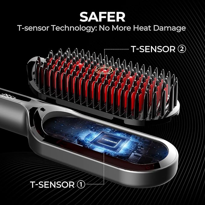 TYMO Hair Straightener Brush - Upgraded Ionic Plus Straightening Brush with Dense Bristles, 16 Temps, Dual Voltage | Ceramic Hot Comb for Women | Flat Iron for Thick Curly Hair, Black
