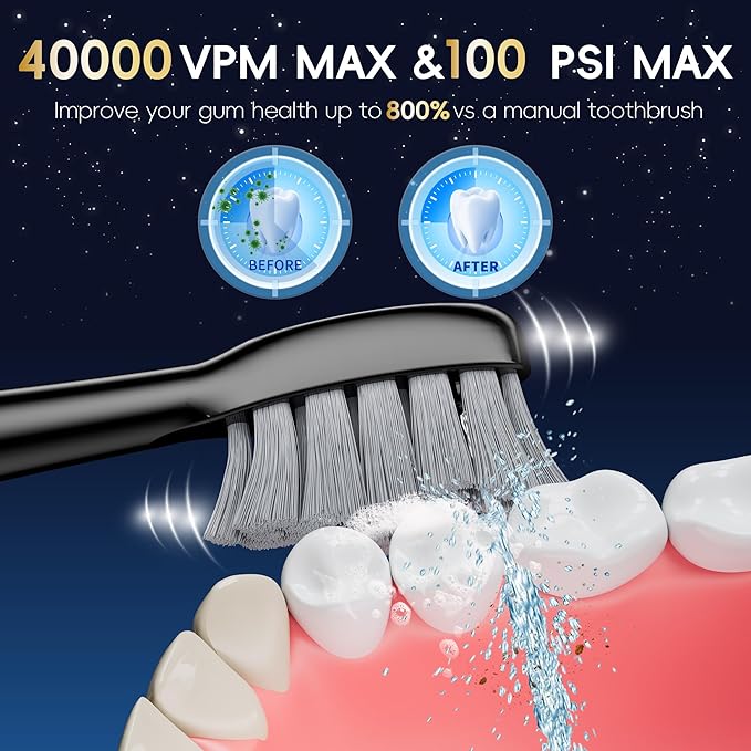 Electric Toothbrush with Water Flosser Combo, 3-in-1 Sonic Flossing Toothbrush and Dental Water Flosser for Teeth Cleaning, Gum Care, Braces, Bridges, Adults, 5 Brush Modes, 500ML, Black