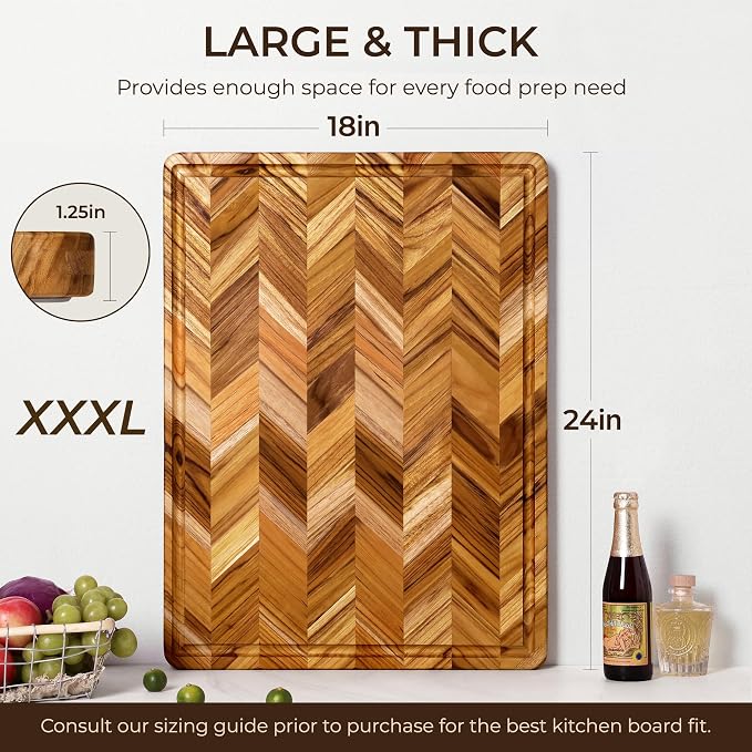 Teak Wood Cutting Board for Kitchen 24'' Extra Large End Grain Heavy Duty Checkered Cutting Board Non Toxic Best Handcrafted Solid Wood Decorative Charcuterie Butcher Block Meat Vegetables
