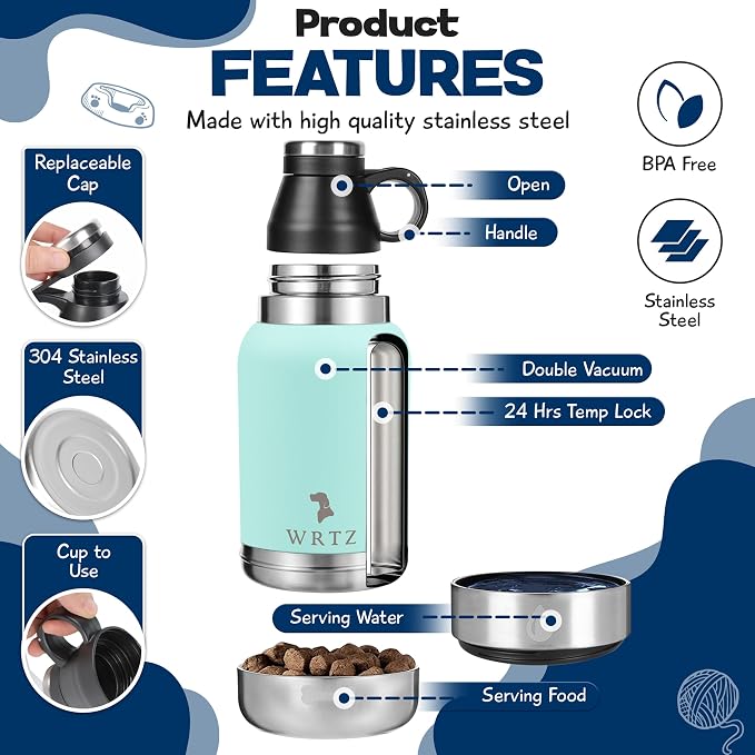 Portable Dog Water Bottle with 2 Removable Water Bowls for Dogs – Leak-Proof Insulated Stainless Steel Dog Water Bottle - Travel Accessories for Dogs - 32oz - Teal