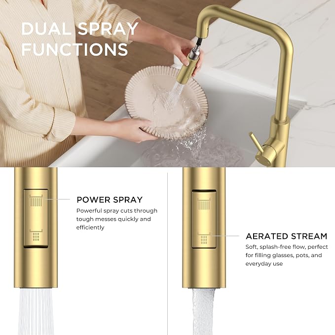 FORIOUS Kitchen Faucet with Pull Down Sprayer, Brushed Gold Single Handle U-Spout Stainless Steel Kitchen Sink Faucet, 1 or 3 Hole Deck Mount for RV, Bar, Farmhouse, Laundry, Outdoor