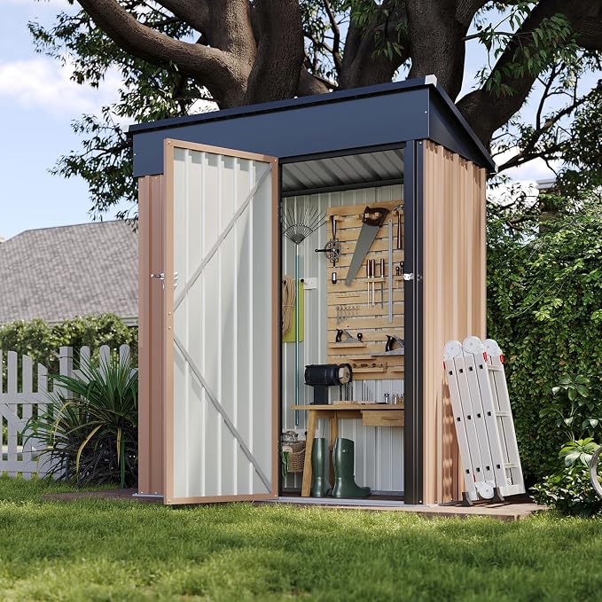 Aoxun 5’x3’ Shed Outdoor Storage Shed, Brown | Metal Shed with Lockable Doors & Slooping Roof Garden Tool Shed for Backyard, Patio, Poolside