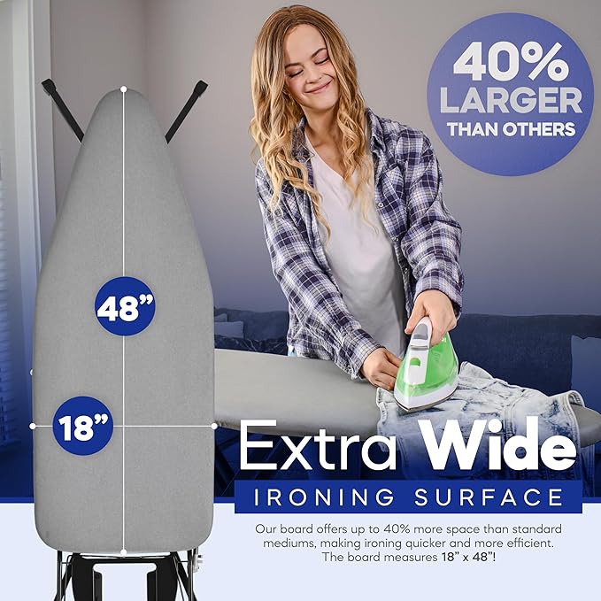 BKTD Extra-Wide Ironing Board – 48"×18" Large Surface (57" w/Iron Rest) • Built-in Clothes Rack, Hanger & Cord Holder • Heat-Resistant Cover • Heavy-Duty, No Wobble • Adjustable Height • Black Grey. | Built-in Hanger, Cord Holder, Heat-Resistant Cover,...