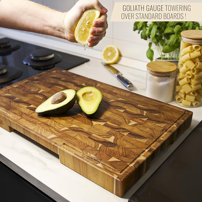 XXL Teak Wood Cutting Board for Kitchen, End Grain ExtraThick Butcher Block | 25 x 15 Inch (ExtraThick 1.7") Professional Heavy Duty Hardwood Non Toxic Wooden Chopping Board (Oil & Plate Included)
