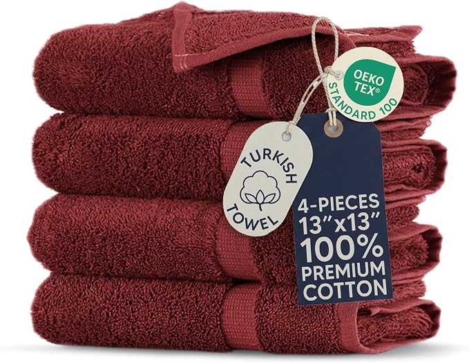 Towel Bazaar 4-Piece Washcloth, 100% Premium Cotton Turkish Towels, 13x13 Luxury Towel Super Soft and Absorbent, Perfect Use for Bathroom, Shower Towels - Cranberry