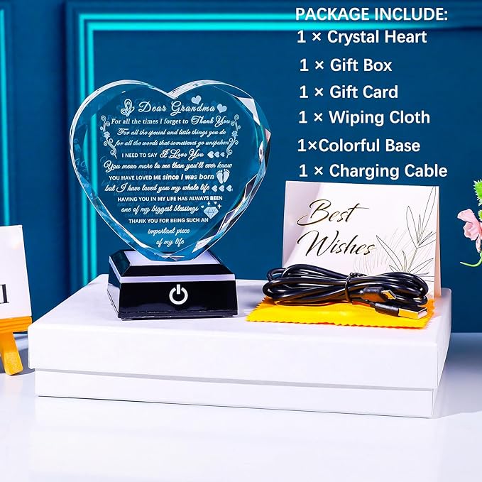Arikyrist Grandma Birthday Gifts with Colorful LED Base Meaningful Crystal Heart Gifts for Grandma from Grandkids Great Gift Ideas for Grandmother on Mothers Day Valentine Thanksgiving