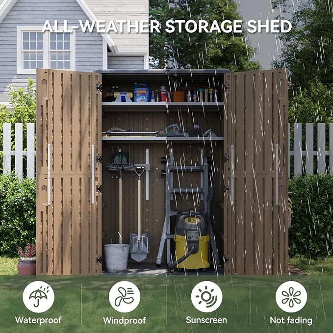 Aoxun Outdoor Storage Shed with Floor, 64 Cu.Ft Outdoor Storage Cabinet | Large Waterproof Vertical Resin Shed for Garden Tools, Pool Equipment, Brown