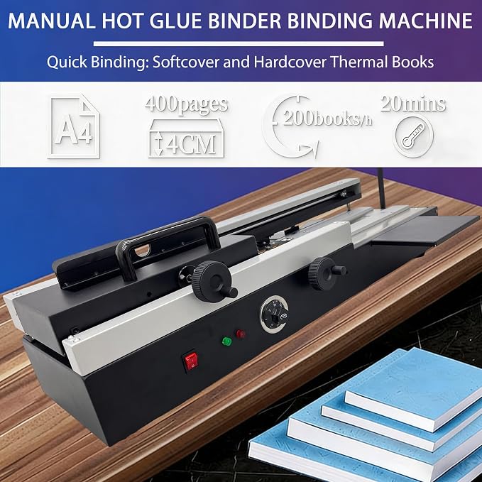 110V Manual Hot Glue Binder, A4 Hot Melt Binding Machine with Dual Rollers for Strong Bond, Thermal Book Binder 1.57" Thickness 200 Books/H for Small Business Home Office Print Shop
